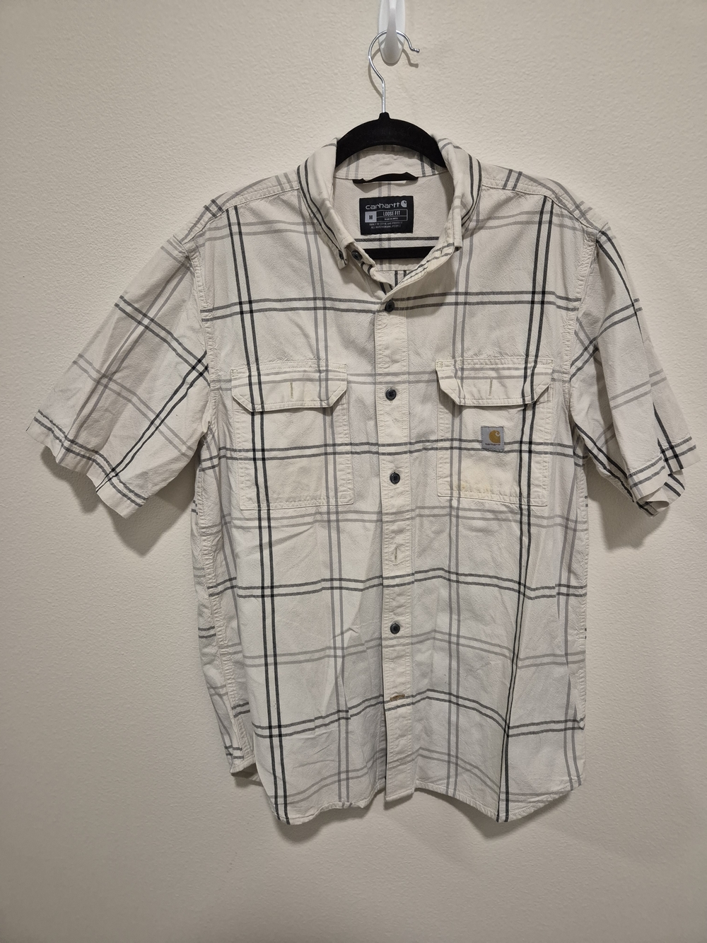 Carhartt Men's Short Sleeve Button-Down Shirt in Cream with Black Windowpane